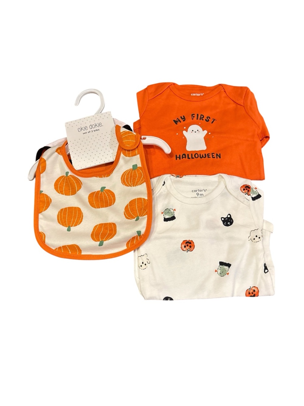 NWT 9M Carter’s Halloween Onesies and Okie Dokie Halloween Bibs